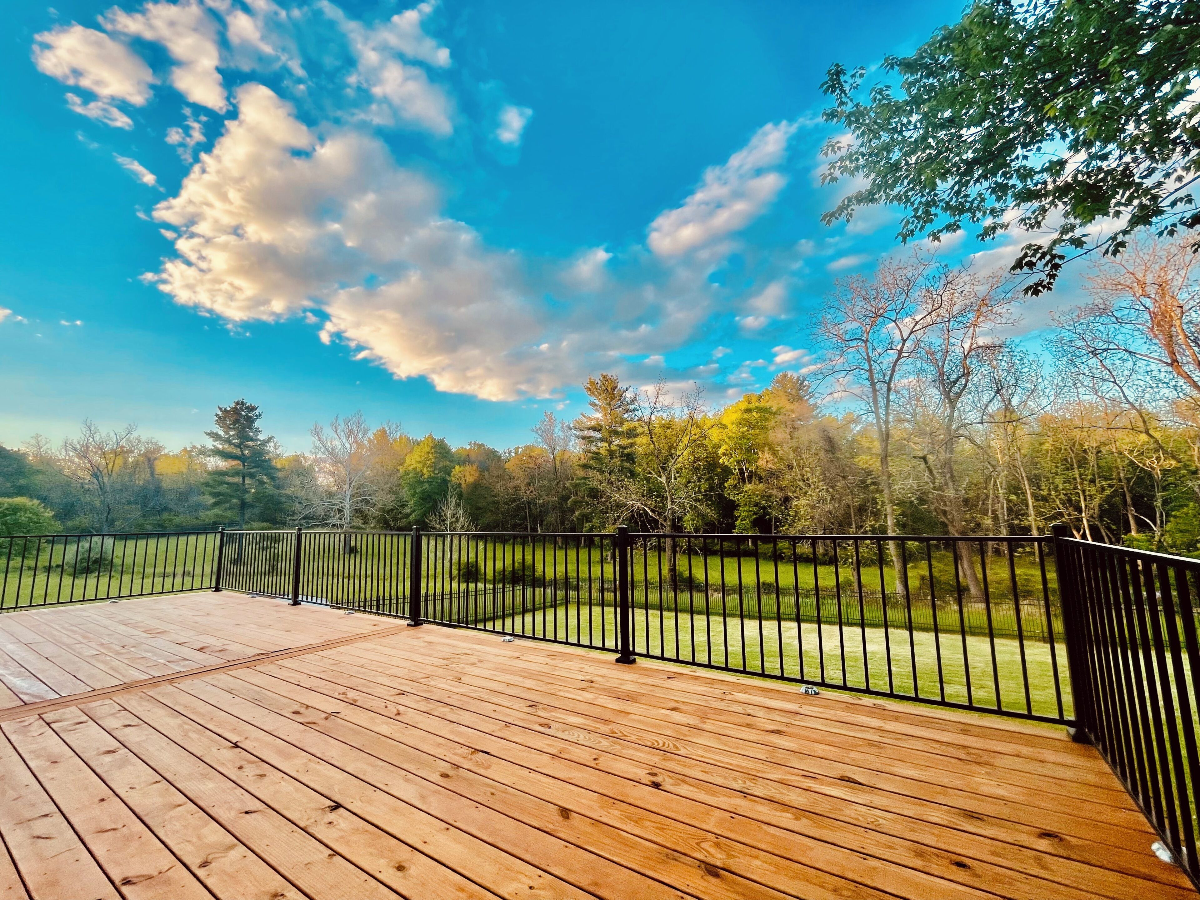 A wooden deck with a black metal railing, overlooking a grassy area with trees and a clear sky.