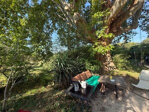 A patio area with a table, a bench, and a hammock under a large tree. - Renovated Provençal farmhouse in a quiet location—2 hectares of wooded land (Sarrians)