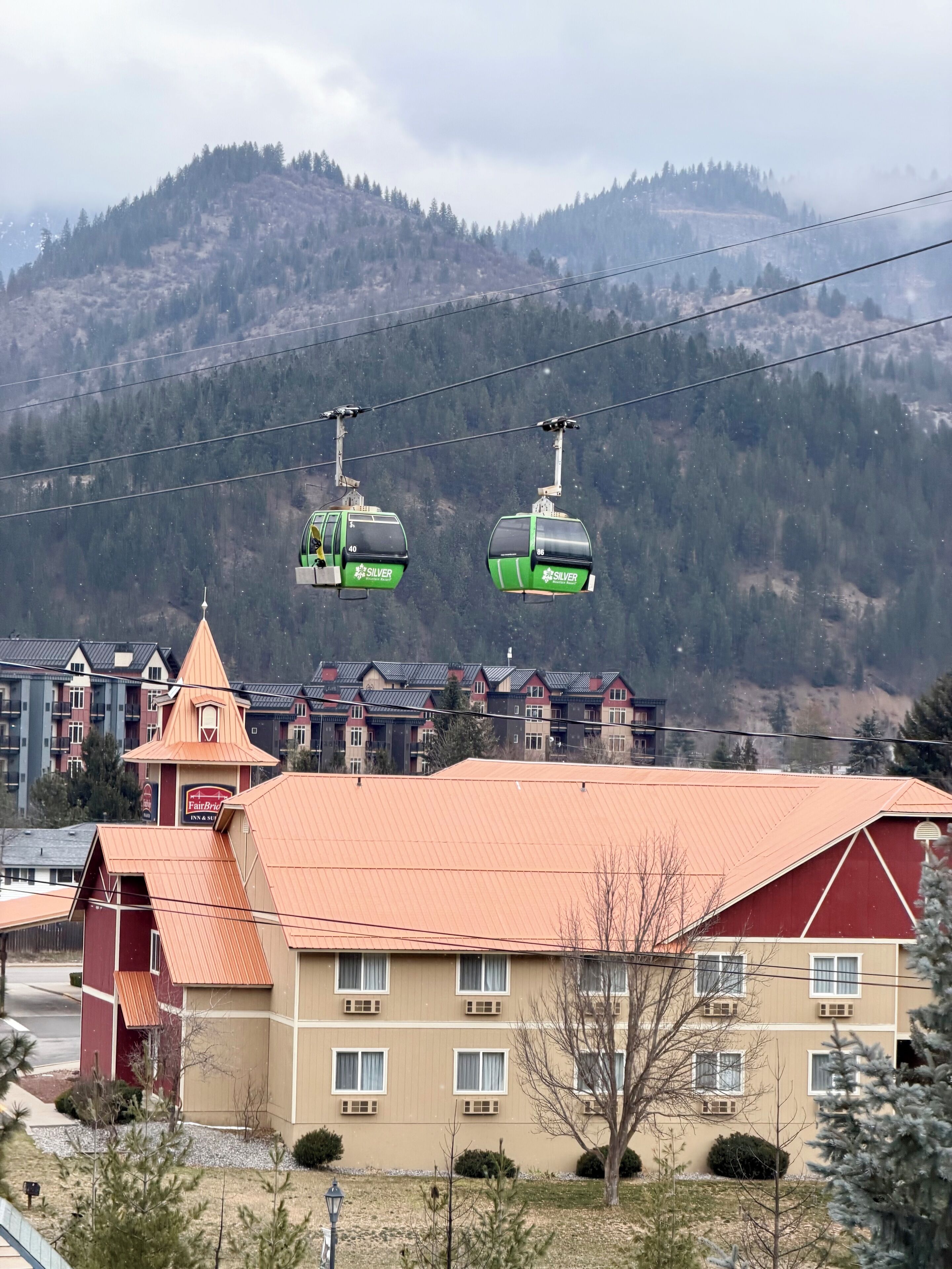 A cable car system with cabins labeled 'SILVER' in a mountainous area with residential buildings in the foreground.