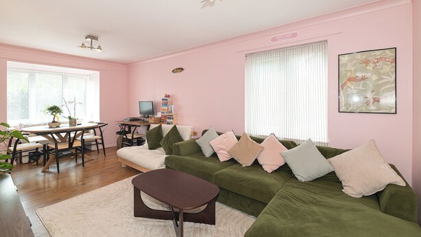 A pink-themed living room with a green sofa, a small table, and a television. - Bright, Leafy Oasis in South London - Pass the Keys (London)