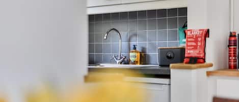 A kitchen with a modern faucet, a bottle of dish soap, and a fire extinguisher on the counter.