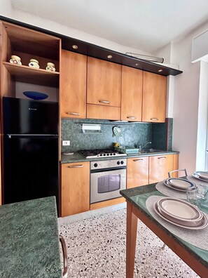 Eine Küche mit Holzausstattung, einem schwarzen Kühlschrank, einem Herd und einem Backofen.