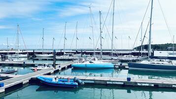 Un port de plaisance où de nombreux bateaux sont amarrés à des quais en bois.