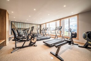 Ein modernes Fitnessstudio mit verschiedenen Cardiogeräten, großen Fenstern und Blick auf Berge.