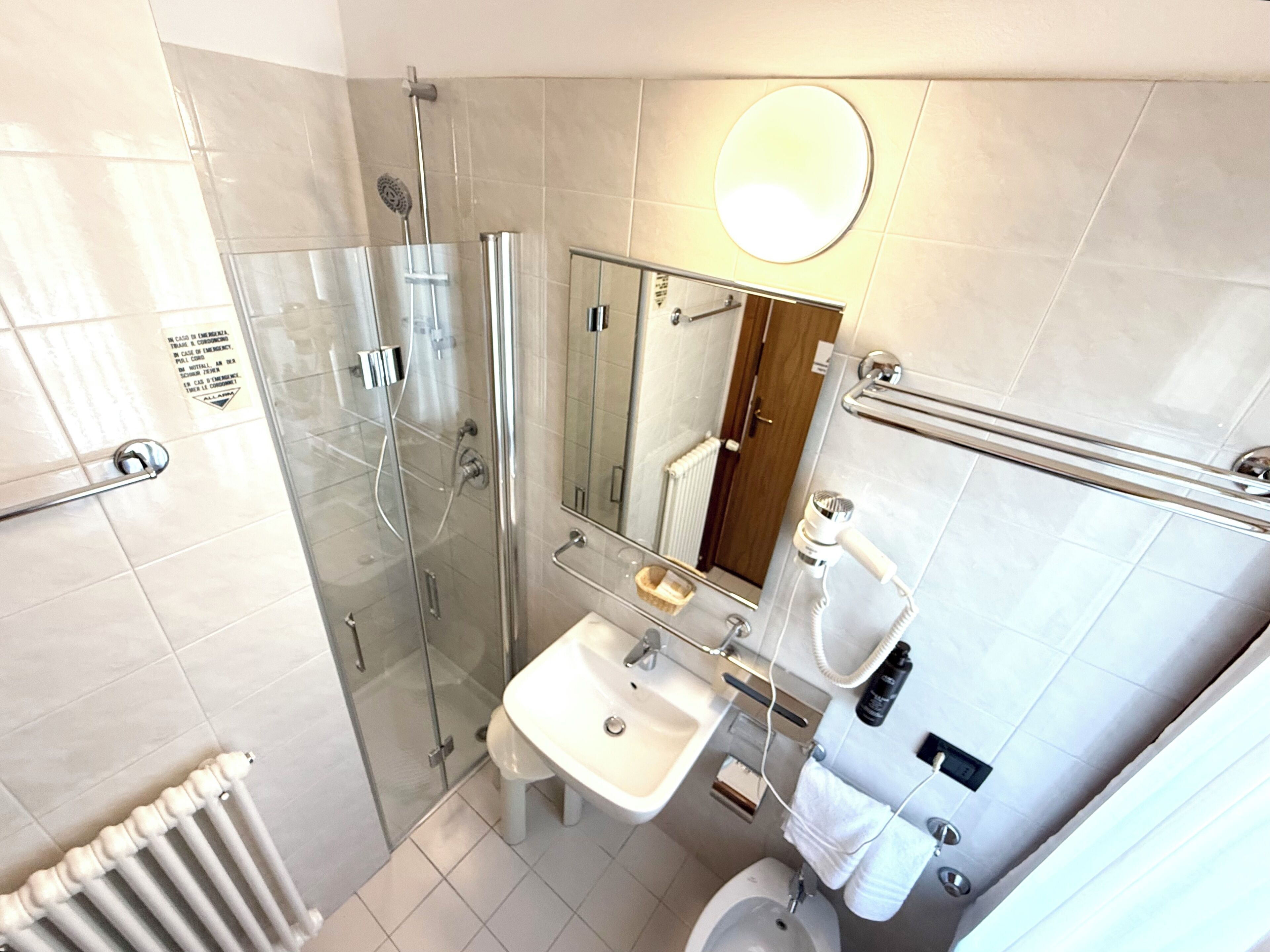 Shower, free toiletries, hair dryer, towels