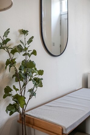 Una habitación con un banco de madera, una planta en maceta y un espejo en la pared.