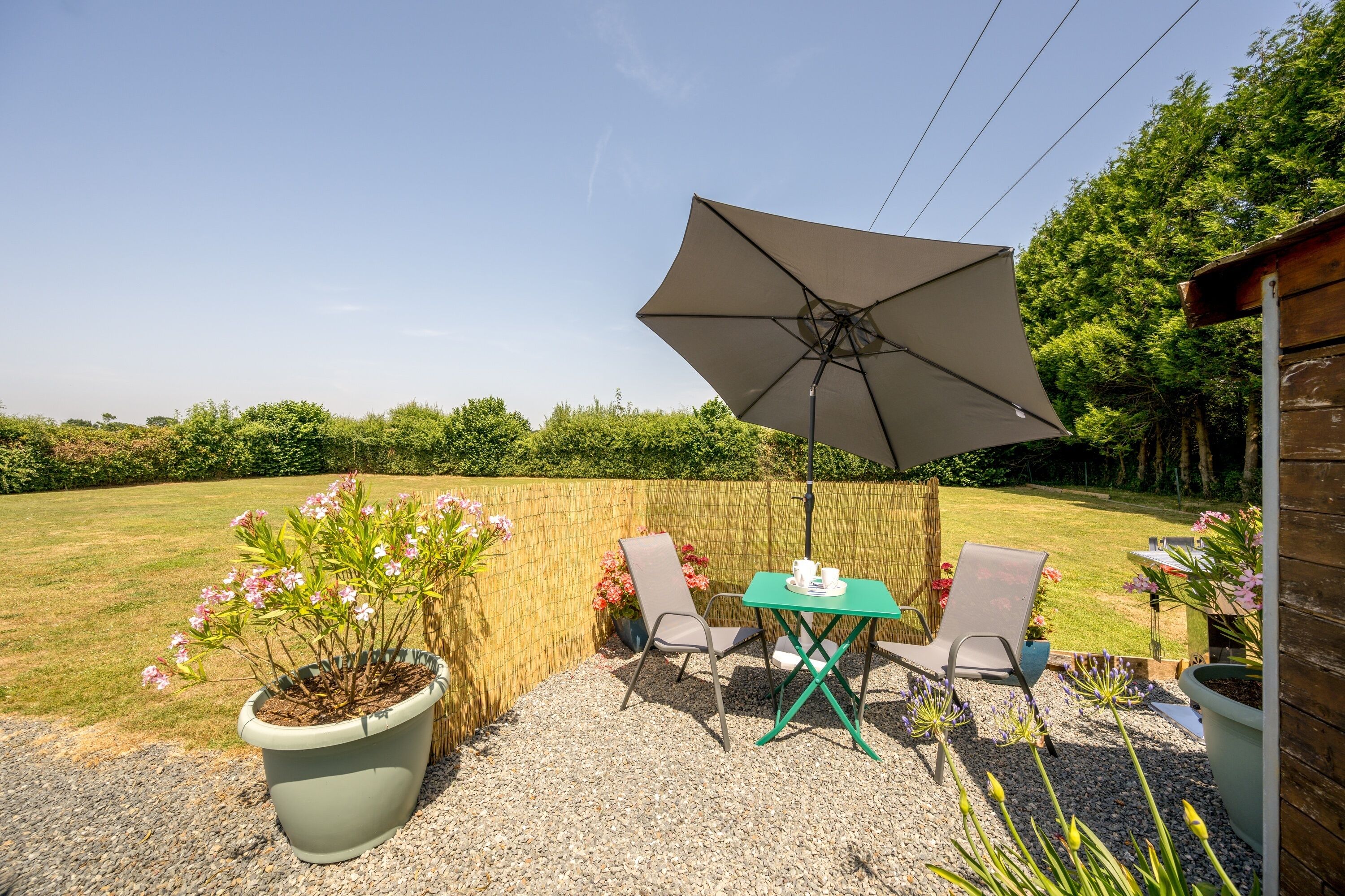 En udendørs patio med et bord, stole, en stor parasol og krukker med planter.