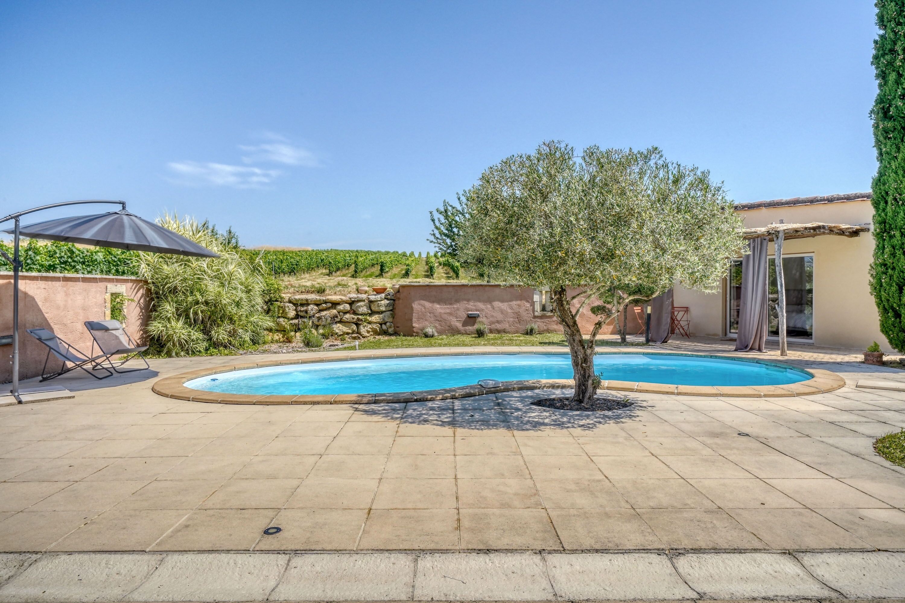 Ein Schwimmbecken mit einem Baum in der Mitte, umgeben von einer Terrasse mit Liegestühlen und einer Pergola.