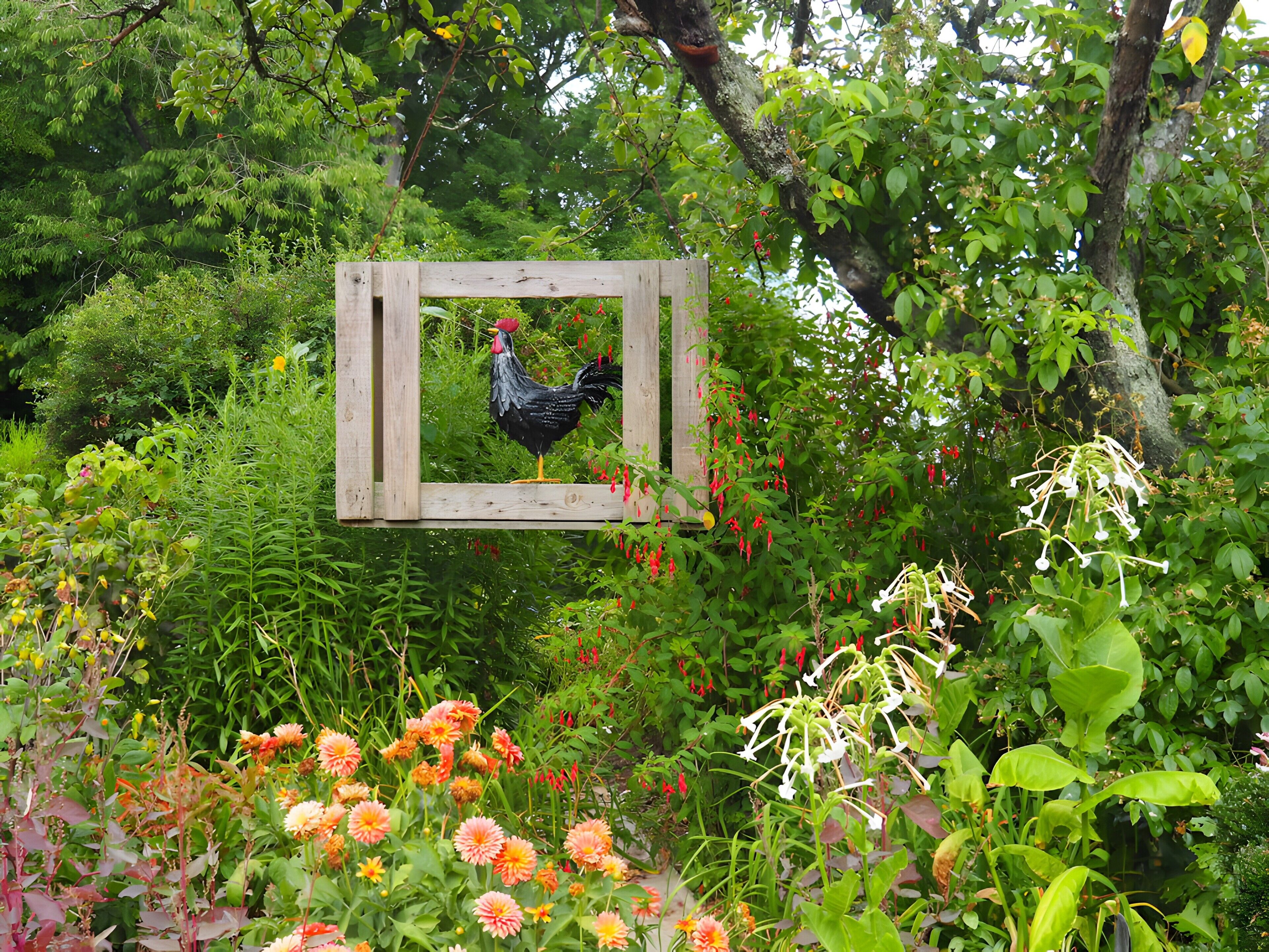 A wooden structure with a rooster inside, surrounded by lush greenery and various flowering plants.