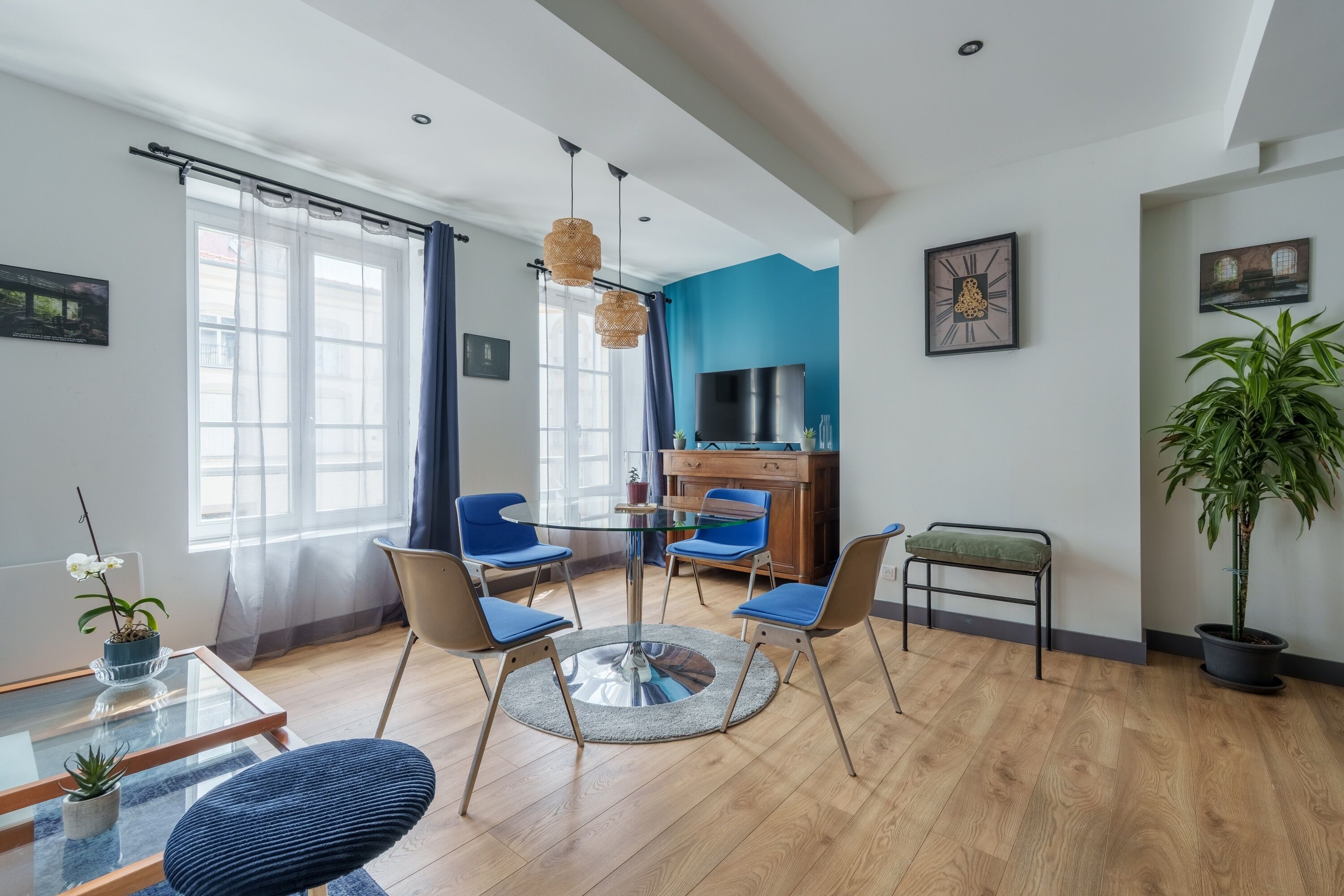 A modern living room with a glass coffee table, blue chairs, a round rug, a TV, and a large potted plant.