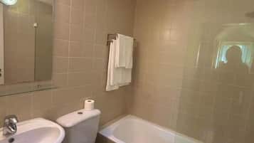 Un baño con tragaluz, bañera, inodoro y lavamanos.