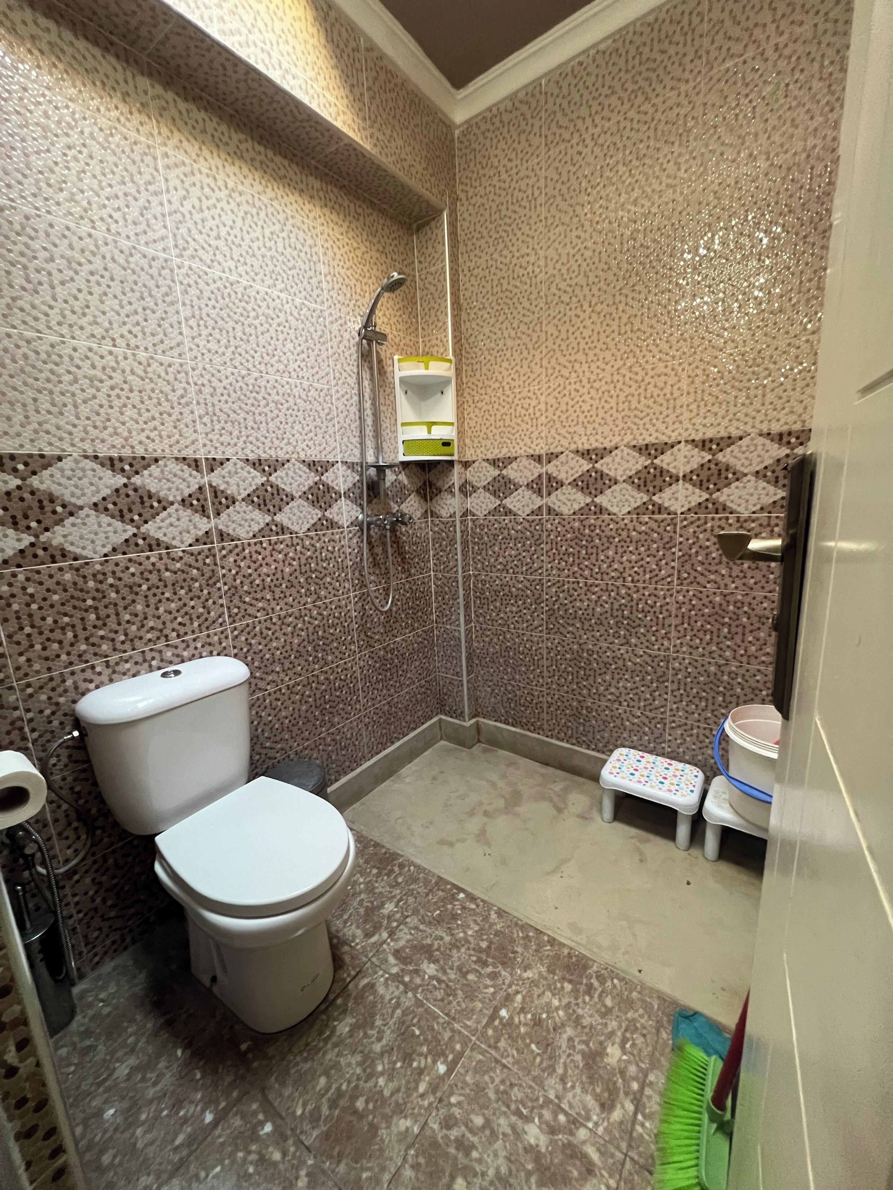 A bathroom with a toilet, shower, and a small step stool.