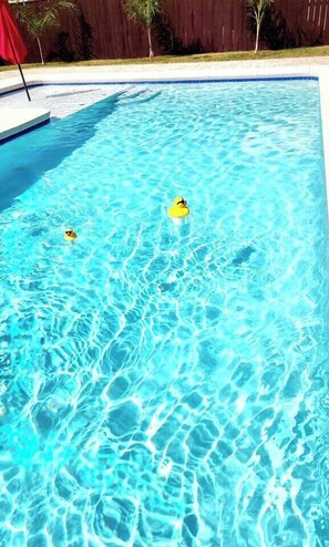 A rectangular swimming pool with clear blue water, surrounded by a wooden fence and a grassy area. - House w/Private Pool/Near Beach+Attractions (Panama City)