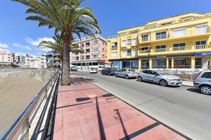 Eine Uferstraße mit Gebäuden, parkenden Autos und einer Palme.