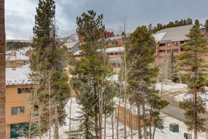 A residential area with multiple buildings, including a two-story house with a green door and a modern apartment complex with a sloped roof. - Trails End 509 in Breckenridge (Breckenridge)