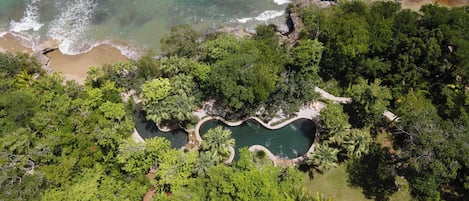 An aerial view of a tropical resort with a central swimming pool surrounded by dense greenery and a rocky coastline.