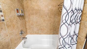 Hair dryer, towels, soap, toilet paper