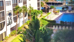 Un hôtel doté d’une piscine, de palmiers et offrant une vue sur l’océan.