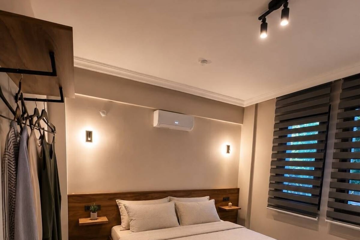 Premium bedding, desk, laptop workspace, bed sheets