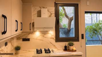 Family Apartment | Private kitchen | Shared fridge, dining table