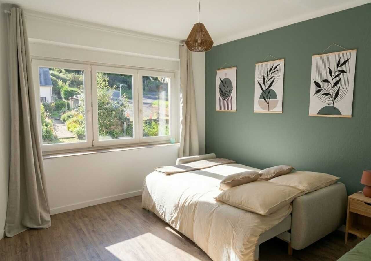 Une chambre à coucher avec un lit, une fenêtre avec des rideaux et des œuvres d’art murales.