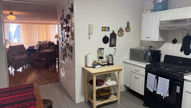 A compact kitchen with a stove, microwave, and various kitchen utensils. - Beautiful Condesa Private Apartment (Ciudad de México)