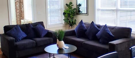 Ein Wohnzimmer mit zwei dunklen Sofas, einem runden Couchtisch, einem Deckenventilator und einer Topfpflanze.