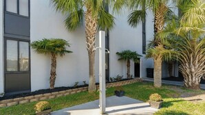 Un bâtiment moderne à la façade blanche, agrémenté de palmiers et doté d’un chemin en béton.