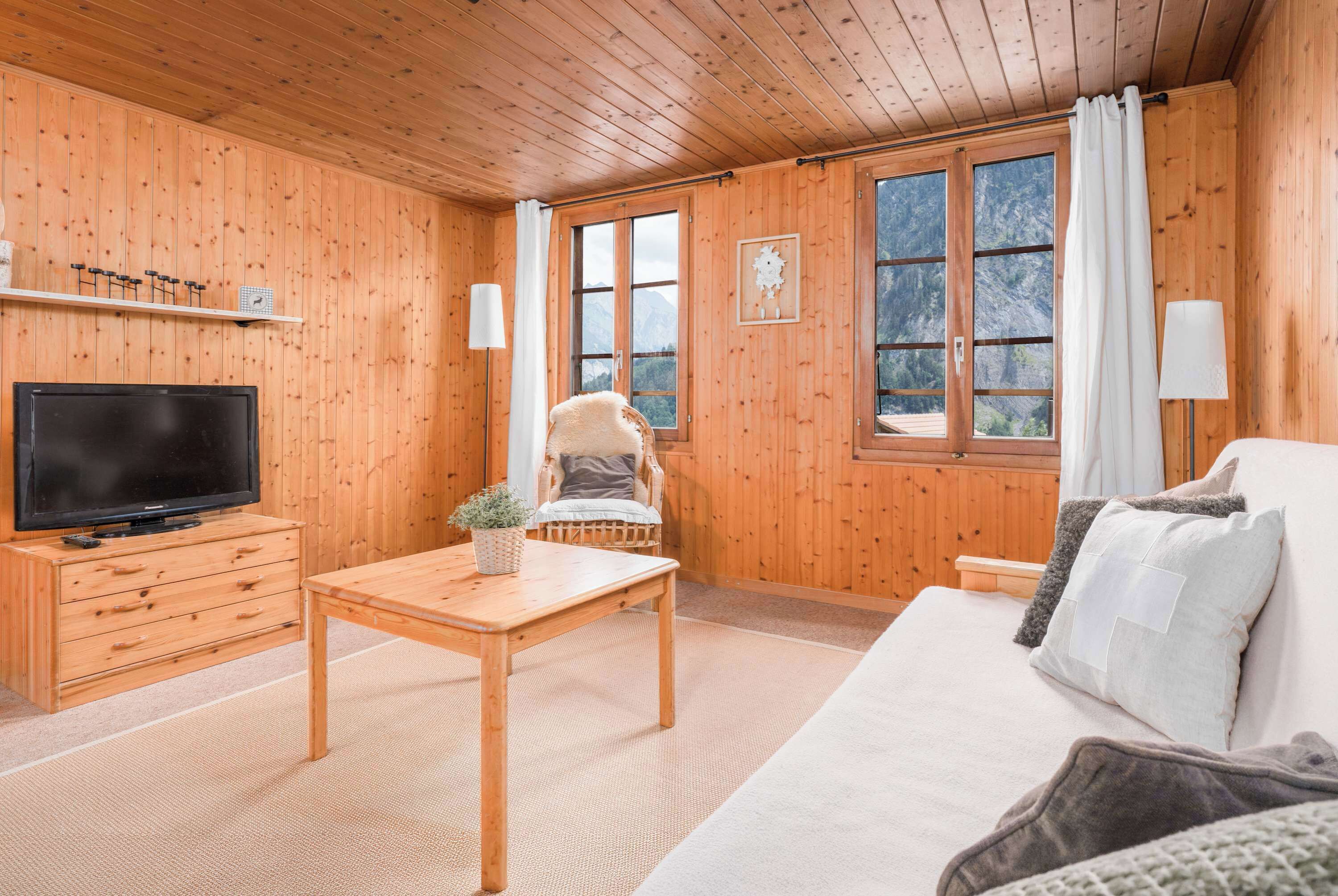 Een kamer met houten lambrisering, een televisie, een bank, een stoel en een tafel.