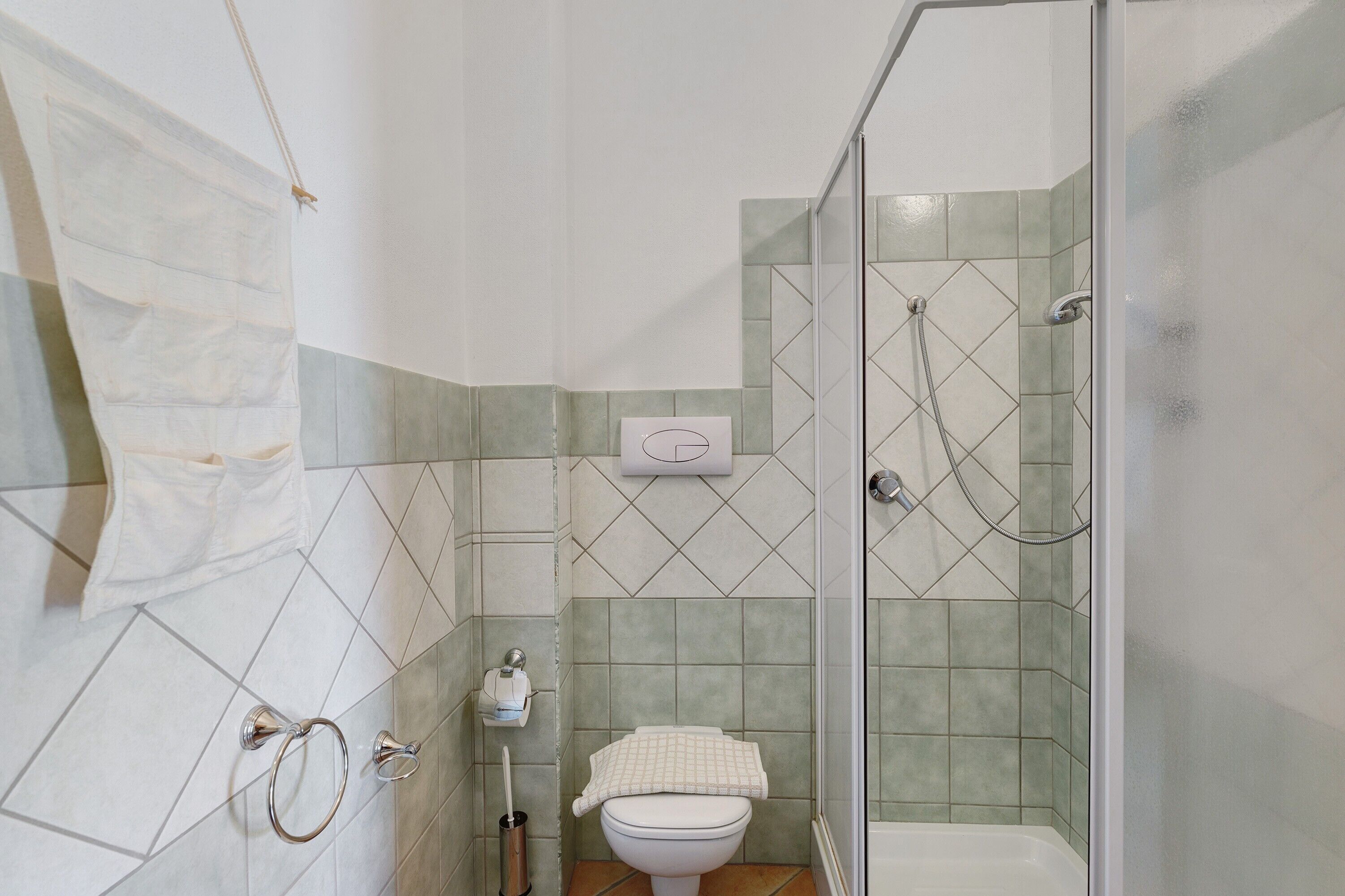 Ein Badezimmer mit Toilette, Dusche und Handtuchhalter.
