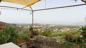Una terrazza con vista su una città, piante in vaso e una panchina.