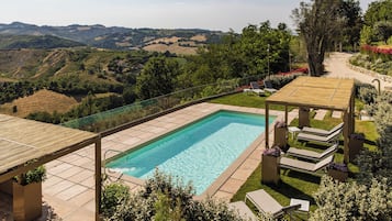 Seasonal outdoor pool, sun loungers