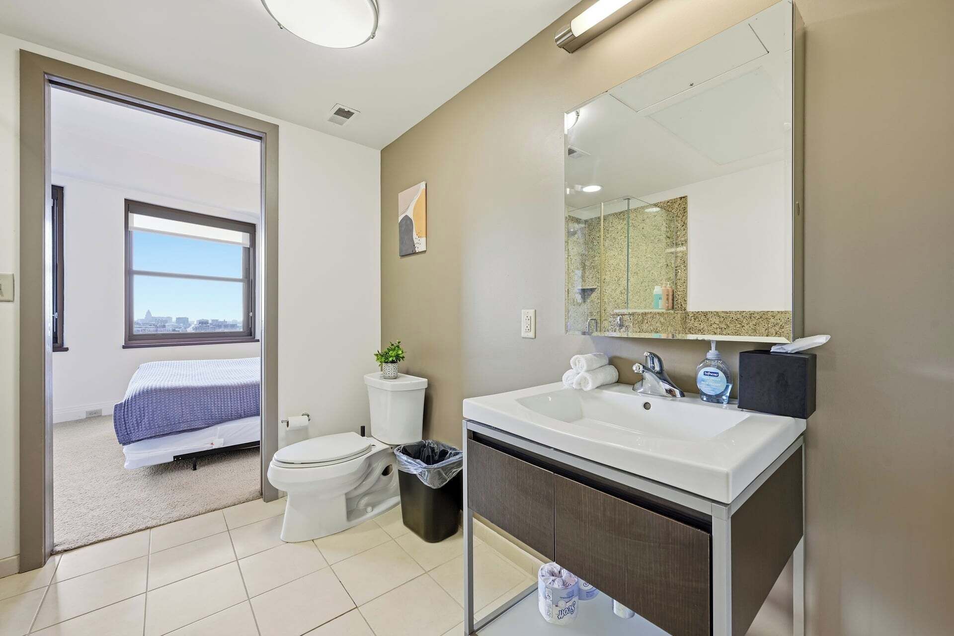 Separate tub and shower, hair dryer, towels, soap