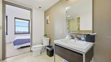 Separate tub and shower, hair dryer, towels, soap