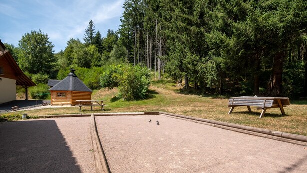 A wooden building with a sloped roof, a gravel area with a wooden bench, and a dense forest in the background. - Apartment 'La Petite Caille - 5' with Wi-Fi (Plombières-les-Bains)