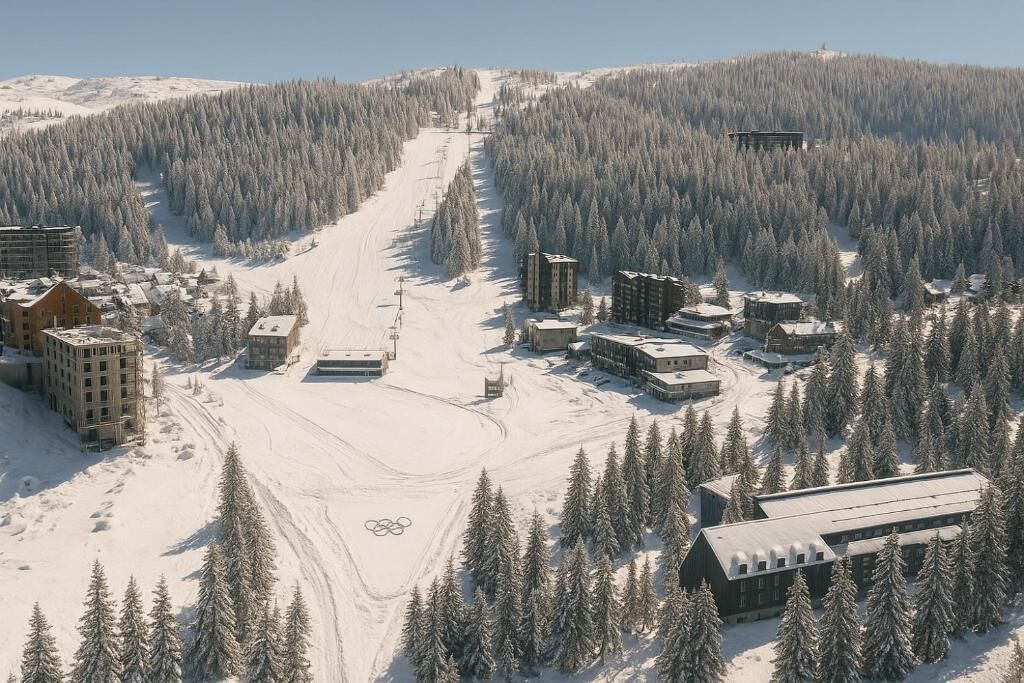 Een skigebied met meerdere gebouwen, een skilift en een besneeërd landschap.