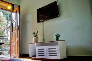 Et værelse med et fladskærms-tv på væggen, en trædør, et hvidt skab med en plante og et lille vindue.