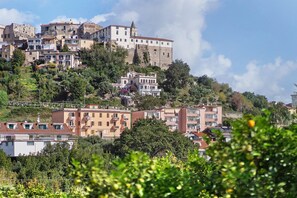 Un pueblo en una colina con edificios históricos y apartamentos modernos.