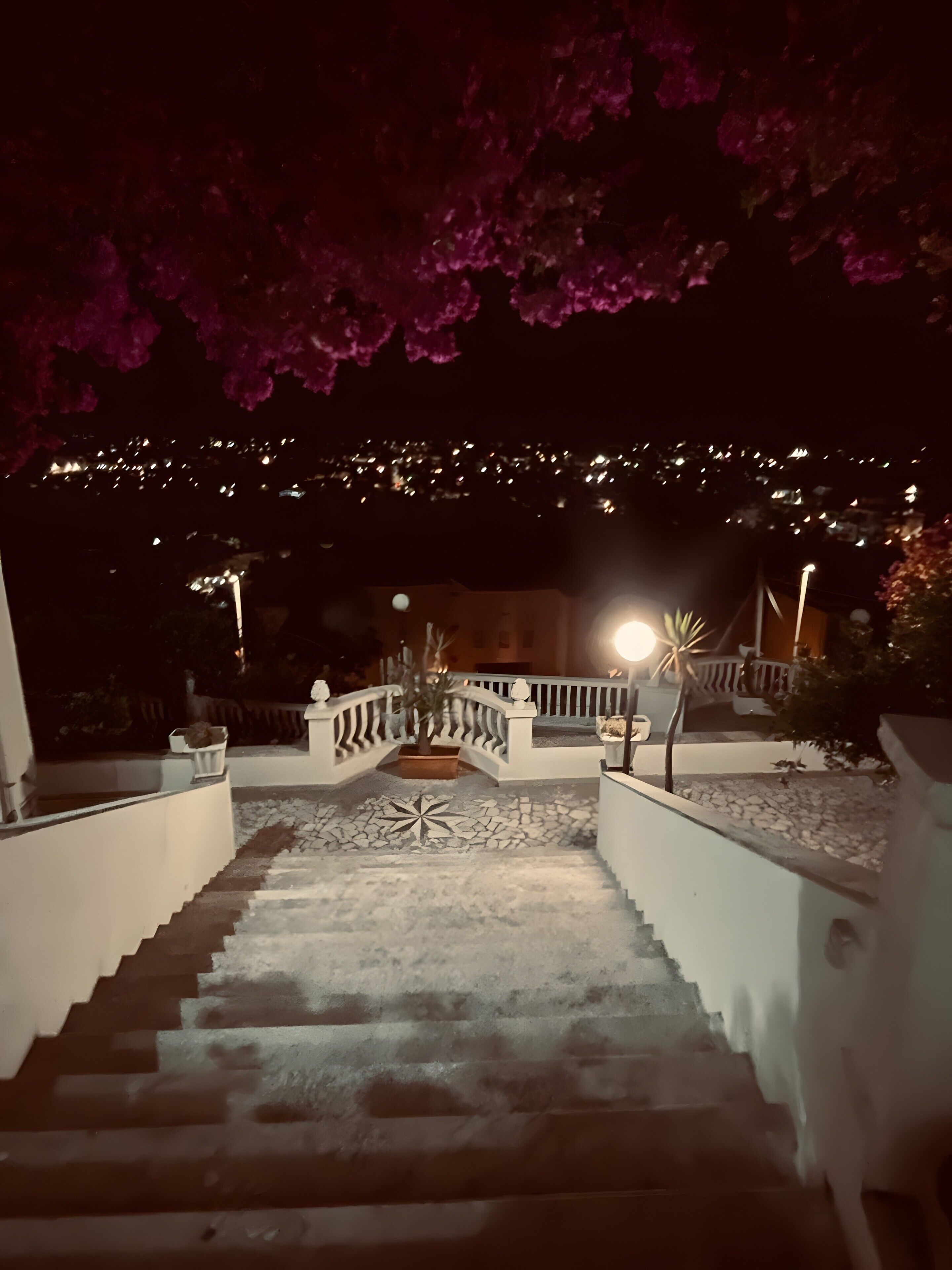 Eine Treppe führt zu einem verschlossenen Eingang mit dekorativer Geländer und einem Blumentopf.