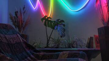 Et værelse med en sofa, en plante og en væg med neonlys.