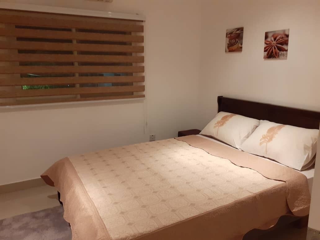 A bedroom with a bed, a window with blinds, and two wall-mounted pictures.