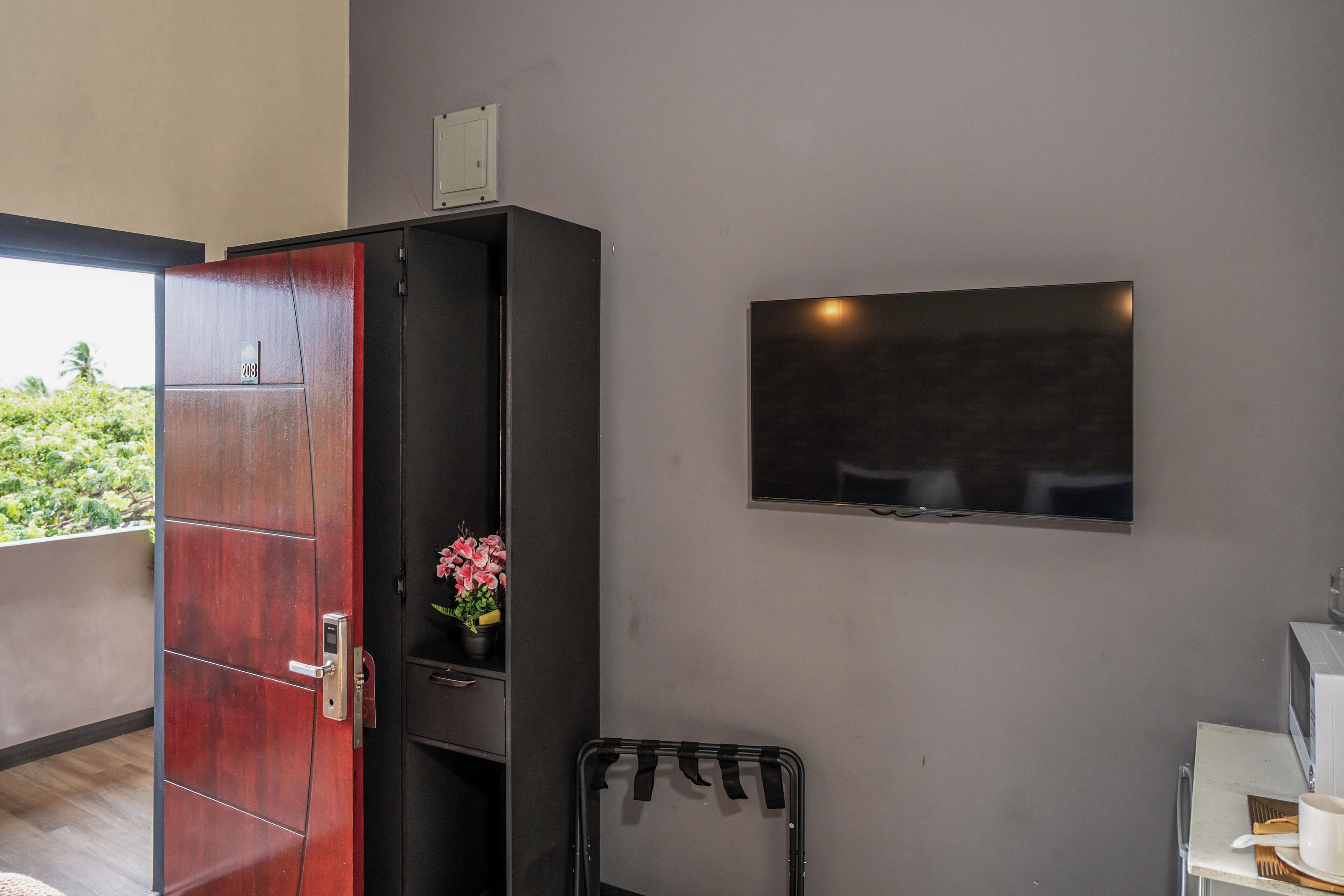 A modern room with a wooden door, a flat-screen TV, a small table with a cup and a spoon, and a view of greenery outside.