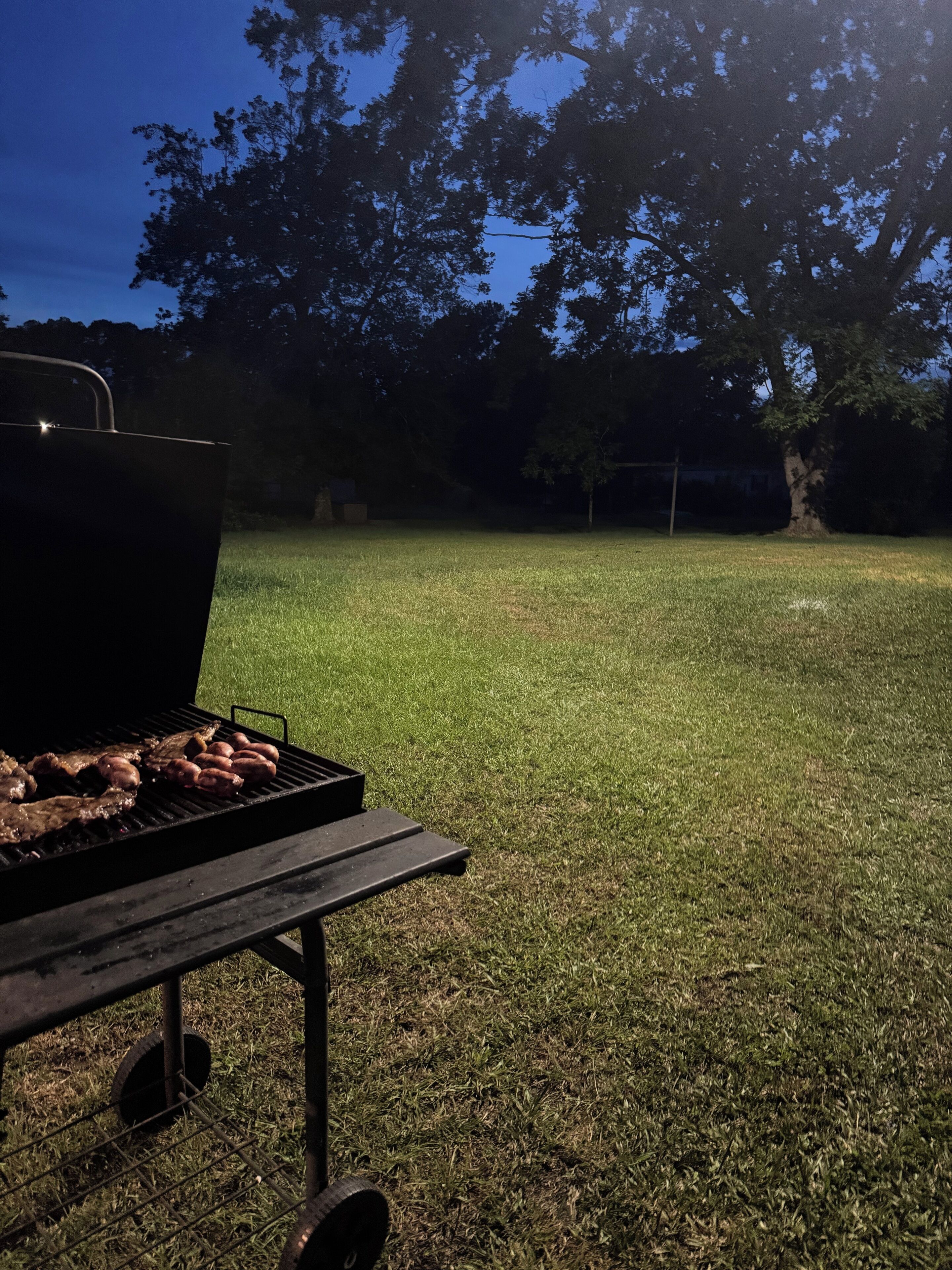 Un barbecue avec de la viande, placé sur une pelouse verdoyante, un banc en bois et des arbres en arrière-plan.