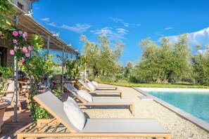 A poolside area with lounge chairs and a pergola covered with climbing roses. - Villa Pellegrini in Montecarlo (Montecarlo)