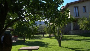 A grassy outdoor area with a bench, trees, and a building in the background. - Rural House for Large Groups in Sierra de Gata, Cáceres, Extremadura (Cadalso)
