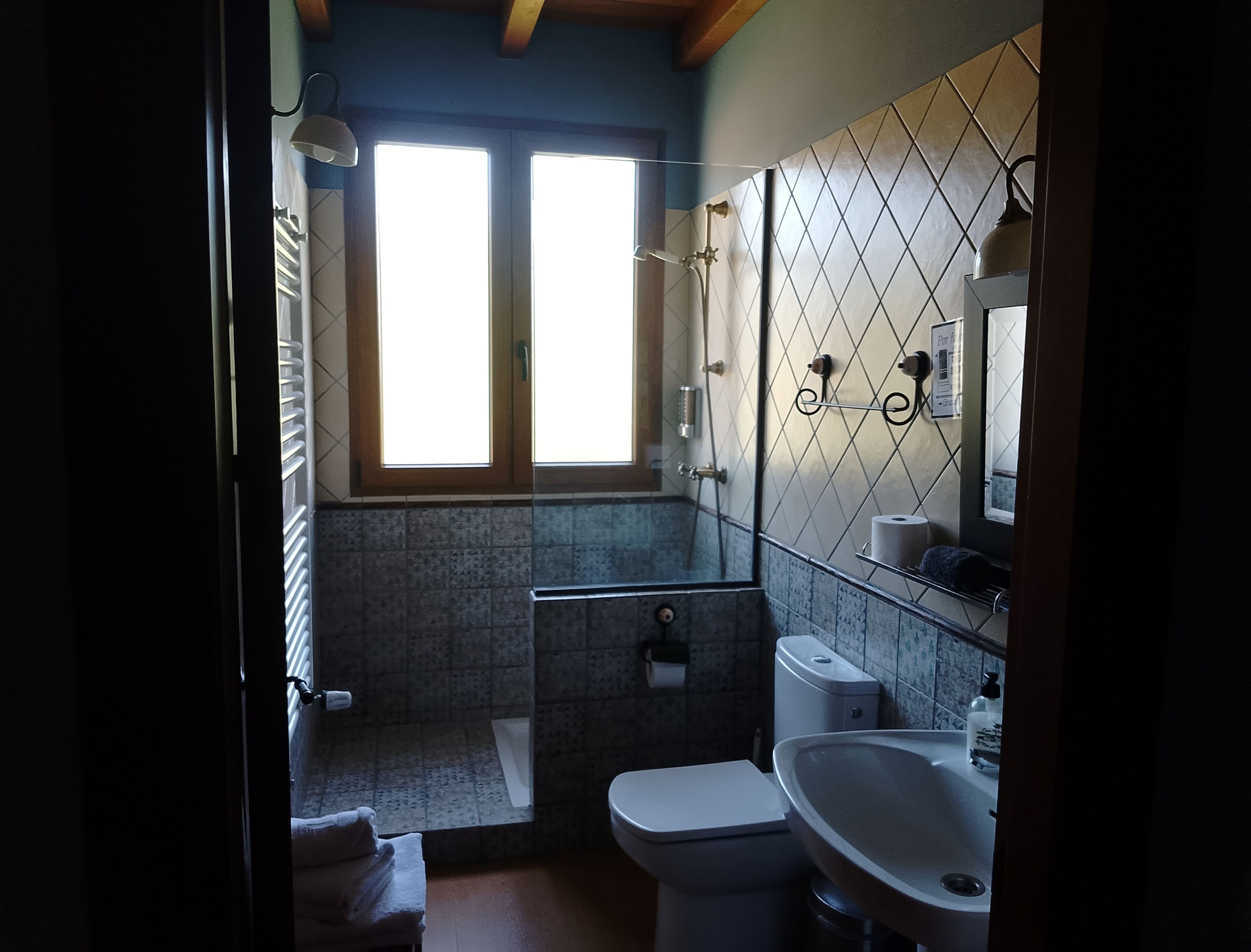 A bathroom with a toilet, sink, shower, and a window.
