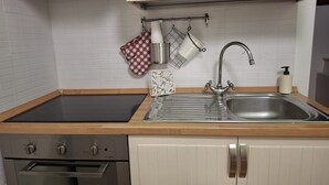 Eine Küche mit Spüle aus Edelstahl, einer schwarzen Induktionskochplatte und einem Geschirrspüler.