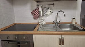 Eine Küche mit Spüle aus Edelstahl, einer schwarzen Induktionskochplatte und einem Geschirrspüler.