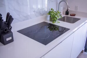 Een moderne keuken met een geïntegreerde inductiekookplaat en een RVS spoelbak.