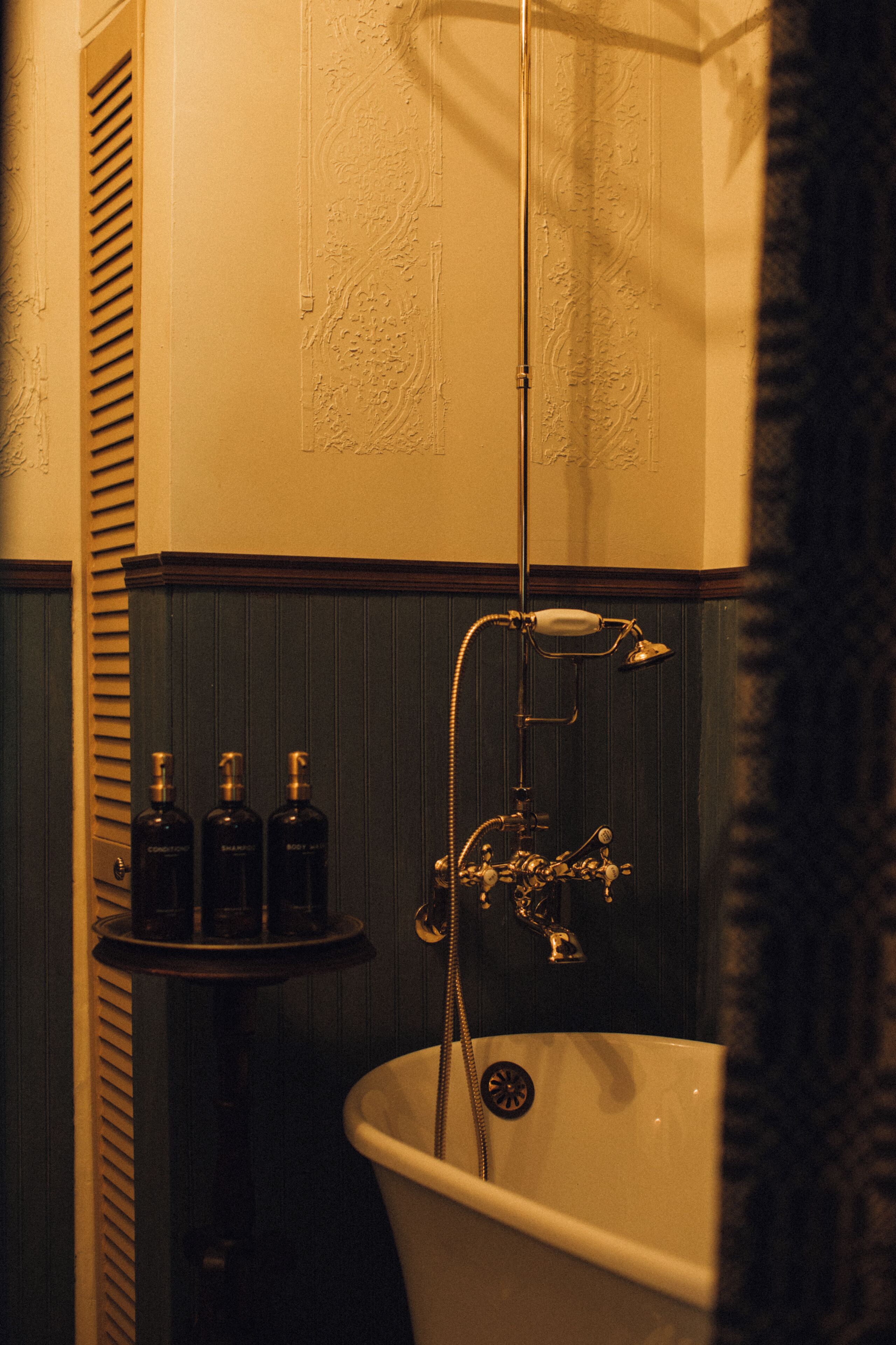 Hair dryer, towels, soap, shampoo